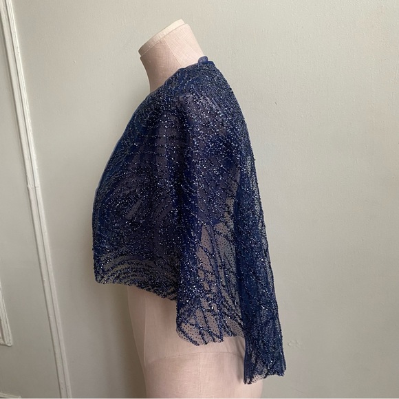 Marchesa Notte Navy Sequin Gown with Cape - Picture 11 of 16